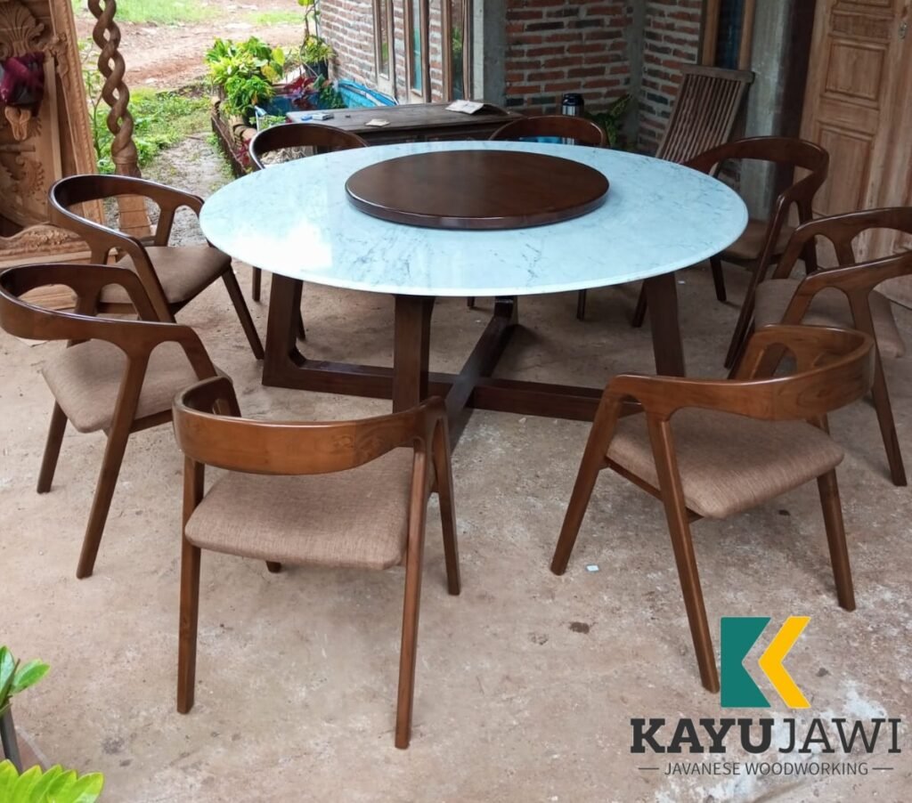 Meja Makan Marmer Bulat 8 Kursi Kayu Jati Mewah Minimalis